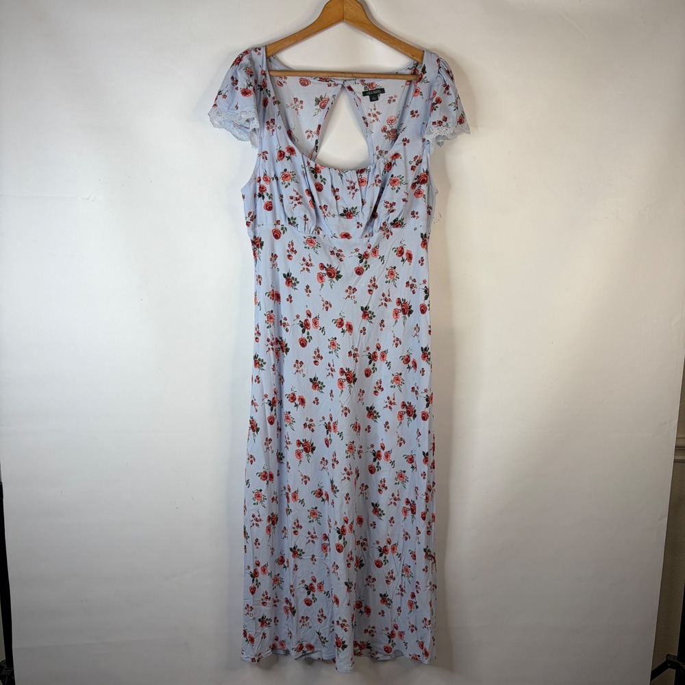 Wild Fable Maxi Dress Women Large Blue Floral Rose Cutout Back Lace Trim